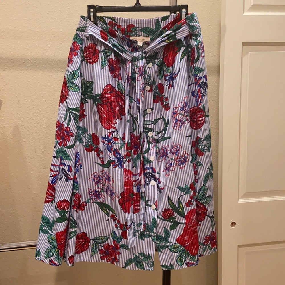 Blue and white stripe cotton skirt w/ flowers
